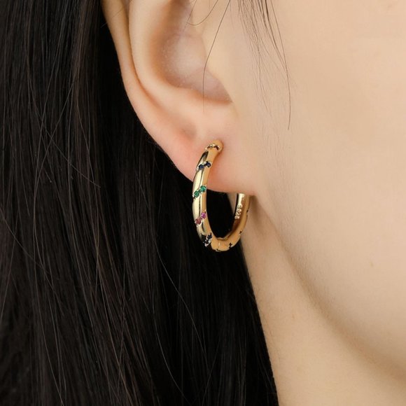 #NEW 925 Sterling Silver Colorful Diamond Round Hoop Earrings - Picture 2 of 6